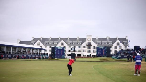 Madelene Sagstrom of Sweden plays her third shot on the eighteenth hole during Day One of the AIG Women's Open at Carnoustie Golf Links on August 19,...