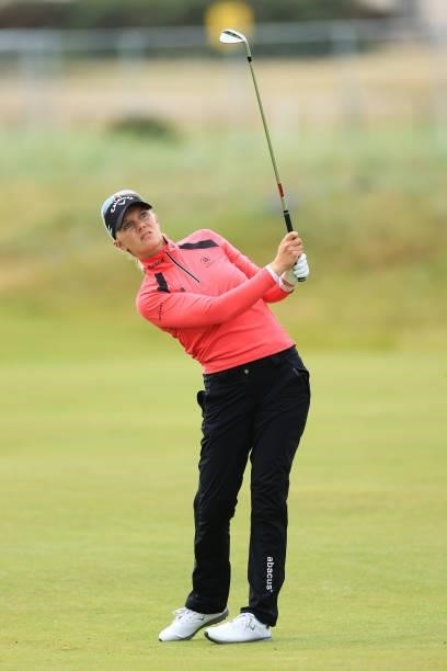 Madelene Sagstrom of Sweden plays her third shot on the eighteenth hole during Day One of the AIG Women's Open at Carnoustie Golf Links on August 19,...