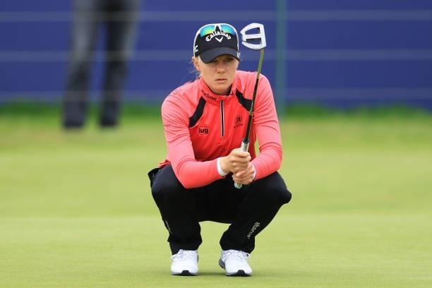 Madelene Sagstrom of Sweden lines up a putt on the eighteenth hole during Day One of the AIG Women's Open at Carnoustie Golf Links on August 19, 2021...