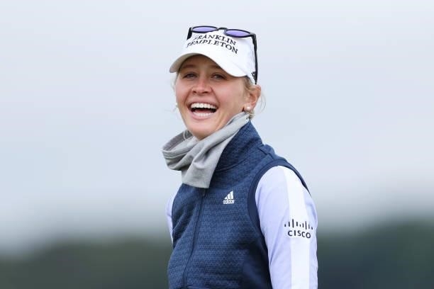 Jessica Korda of The United States laughs on the fourth hole during Day One of the AIG Women's Open at Carnoustie Golf Links on August 19, 2021 in...