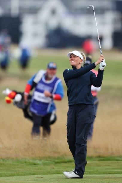 Nanna Koerstz Madsen of Denmark plays her second shot on the fourth hole during Day One of the AIG Women's Open at Carnoustie Golf Links on August...