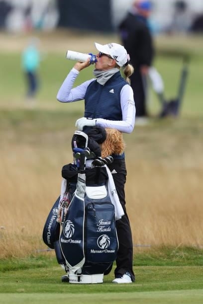 Jessica Korda of The United States takes a drink on the fourth hole during Day One of the AIG Women's Open at Carnoustie Golf Links on August 19,...