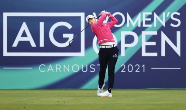 Sung Hyun Park of South Korea tees off on the first hole during Day One of the AIG Women's Open at Carnoustie Golf Links on August 19, 2021 in...