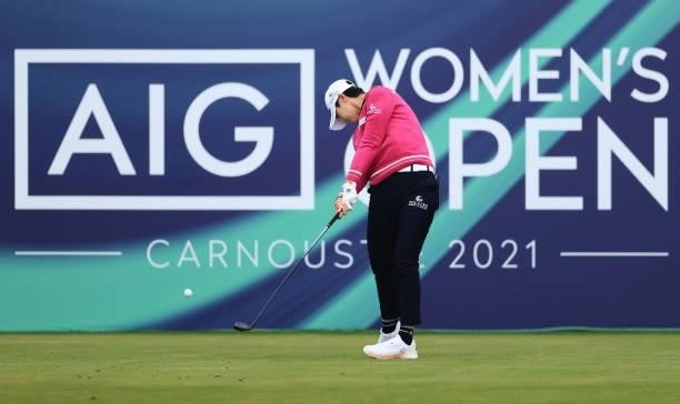 Sung Hyun Park of South Korea tees off on the first hole during Day One of the AIG Women's Open at Carnoustie Golf Links on August 19, 2021 in...