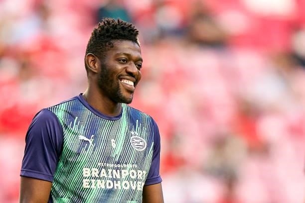 Ibrahim Sangare of PSV Eindhoven reacts during the warm up prior to the UEFA Champions League Play-Offs Leg One match between SL Benfica and PSV...