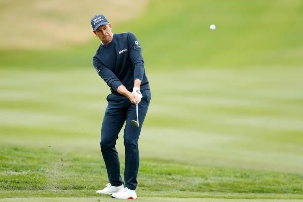 Henrik Stenson of Sweden plays a shot on the sixth hole during Day One of The D+D Real Czech Masters at Albatross Golf Resort on August 19, 2021 in...