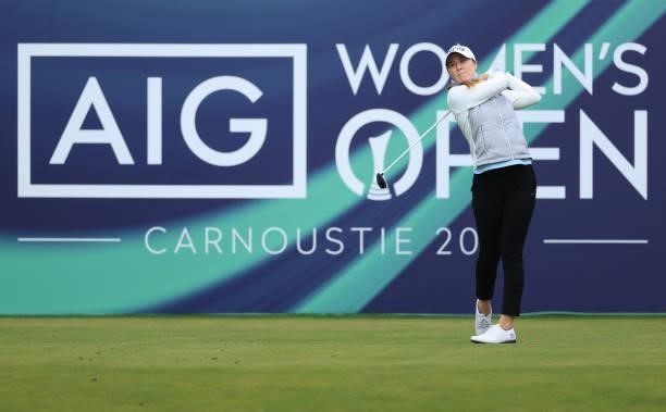 Brittany Altomare of The United States tees off on the first hole during Day One of the AIG Women's Open at Carnoustie Golf Links on August 19, 2021...