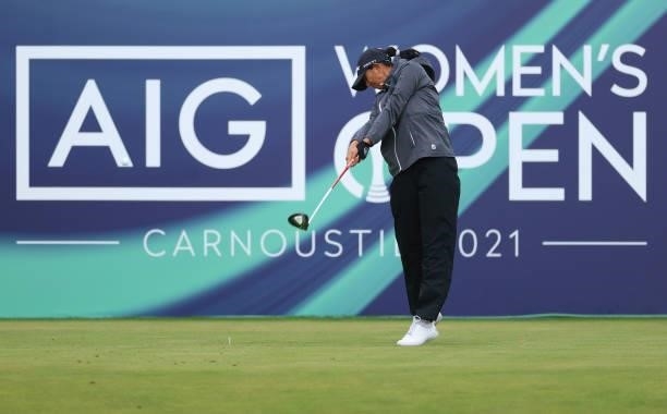 Aditi Ashok of India tees off on the first hole during Day One of the AIG Women's Open at Carnoustie Golf Links on August 19, 2021 in Carnoustie,...