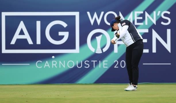Angel Yin of The United States tees off on the first hole during Day One of the AIG Women's Open at Carnoustie Golf Links on August 19, 2021 in...