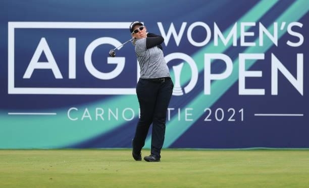 Ashleigh Buhai of South Africa tees off on the first hole during Day One of the AIG Women's Open at Carnoustie Golf Links on August 19, 2021 in...