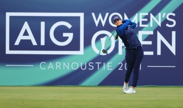 Cheyenne Knight of The United States tees off on the first hole during Day One of the AIG Women's Open at Carnoustie Golf Links on August 19, 2021 in...