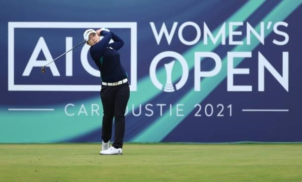 Eun Hee Ji of South Korea tees off on the first hole during Day One of the AIG Women's Open at Carnoustie Golf Links on August 19, 2021 in...