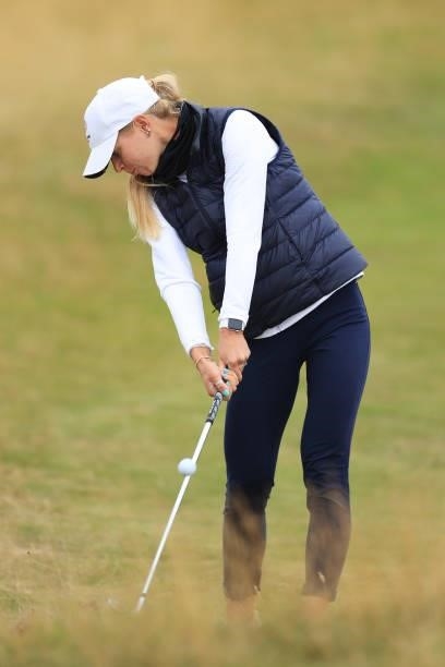 Annabell Fuller of England plays her second shot on the first hole during Day One of the AIG Women's Open at Carnoustie Golf Links on August 19, 2021...