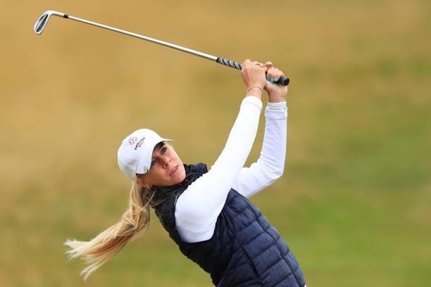 Annabell Fuller of England plays her second shot on the first hole during Day One of the AIG Women's Open at Carnoustie Golf Links on August 19, 2021...