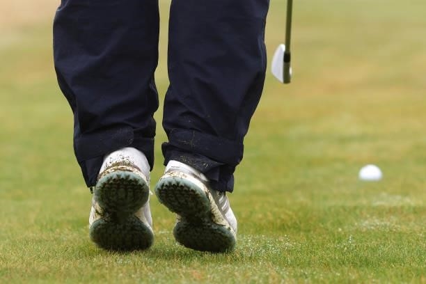 Detailed view of the shoes of Nasa Hataoka of Japan as she prepares to play a shot during Day One of the AIG Women's Open at Carnoustie Golf Links on...