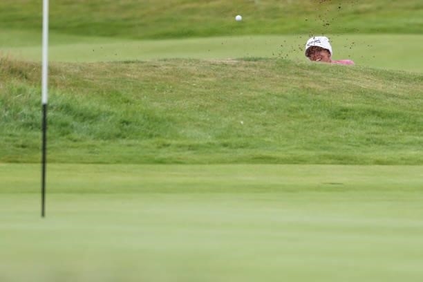 Pernilla Lindberg of Sweden plays a bunker shot on the fourteenth hole during Day One of the AIG Women's Open at Carnoustie Golf Links on August 19,...