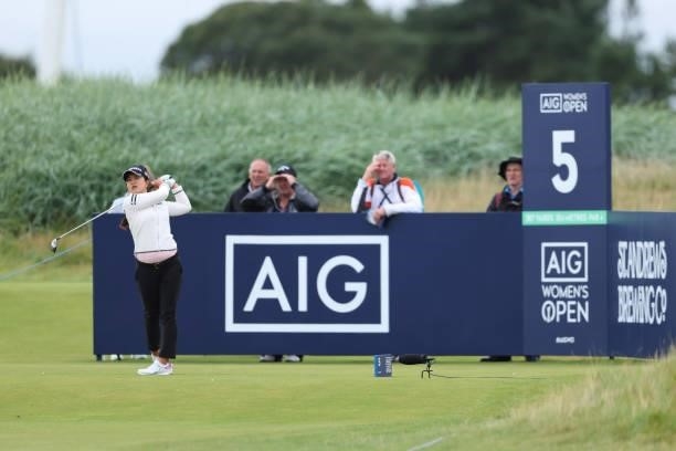 Sei Young Kim of South Korea tees off on the fifth hole during Day One of the AIG Women's Open at Carnoustie Golf Links on August 19, 2021 in...