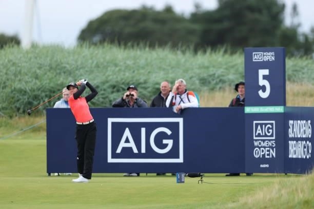 Sophia Popov of Germany tees off on the fifth hole during Day One of the AIG Women's Open at Carnoustie Golf Links on August 19, 2021 in Carnoustie,...