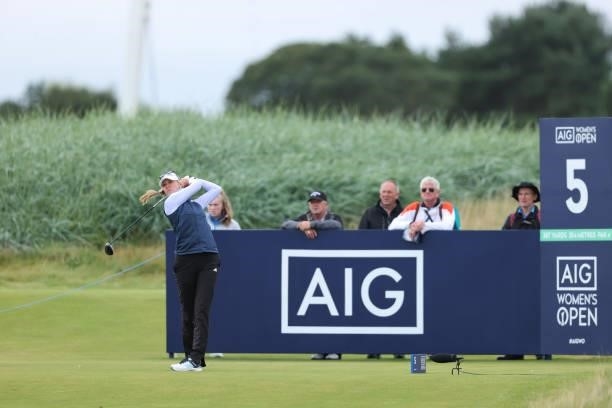 Jessica Korda of The United States tees off on the fifth hole during Day One of the AIG Women's Open at Carnoustie Golf Links on August 19, 2021 in...