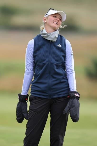 Jessica Korda of The United States reacts on the sixth hole during Day One of the AIG Women's Open at Carnoustie Golf Links on August 19, 2021 in...