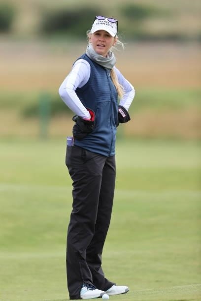 Jessica Korda of The United States reacts on the sixth hole during Day One of the AIG Women's Open at Carnoustie Golf Links on August 19, 2021 in...