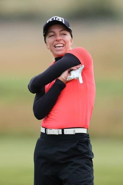 Sophia Popov of Germany stretches on the sixth hole during Day One of the AIG Women's Open at Carnoustie Golf Links on August 19, 2021 in Carnoustie,...