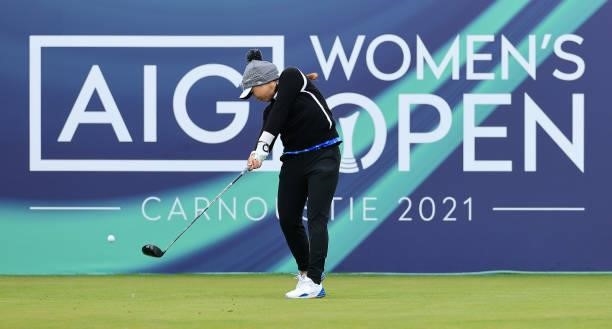 Mina Harigae of The United States tees off on the first hole during Day One of the AIG Women's Open at Carnoustie Golf Links on August 19, 2021 in...