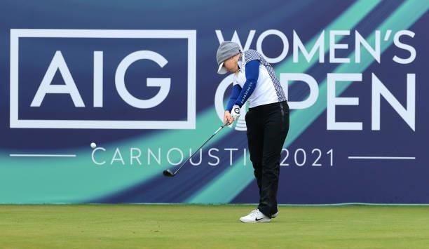 Matilda Castren of Finland tees off on the first hole during Day One of the AIG Women's Open at Carnoustie Golf Links on August 19, 2021 in...