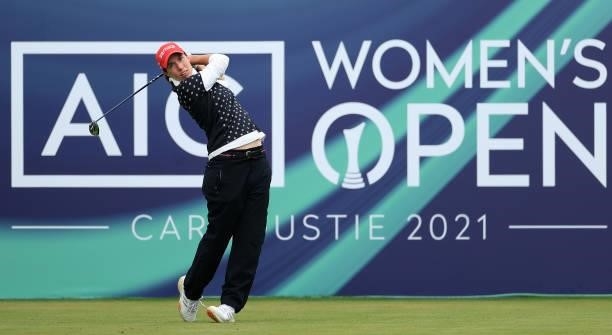 Carlota Ciganda of Spain tees off on the first hole during Day One of the AIG Women's Open at Carnoustie Golf Links on August 19, 2021 in Carnoustie,...
