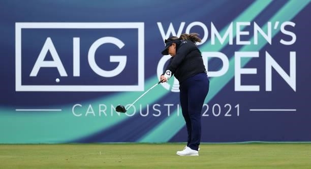 Lizette Salas of The United States tees off on the first hole during Day One of the AIG Women's Open at Carnoustie Golf Links on August 19, 2021 in...