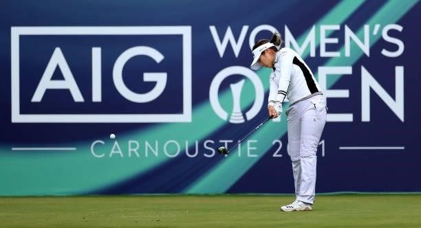Jeongeun Lee6 of South Korea tees off on the first hole during Day One of the AIG Women's Open at Carnoustie Golf Links on August 19, 2021 in...
