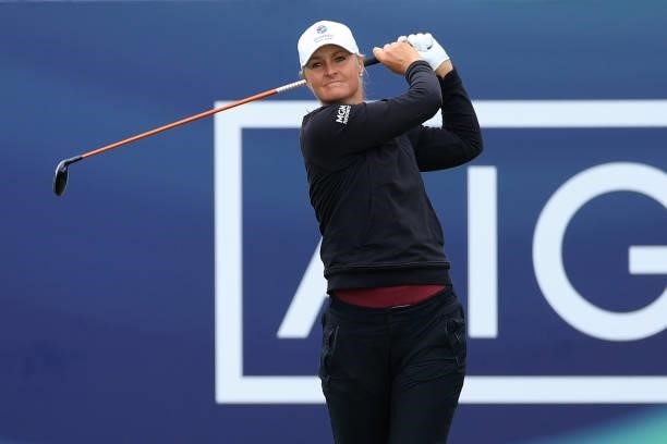 Anna Nordqvist of Sweden tees off on the first hole during Day One of the AIG Women's Open at Carnoustie Golf Links on August 19, 2021 in Carnoustie,...