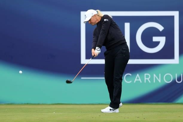 Anna Nordqvist of Sweden tees off on the first hole during Day One of the AIG Women's Open at Carnoustie Golf Links on August 19, 2021 in Carnoustie,...