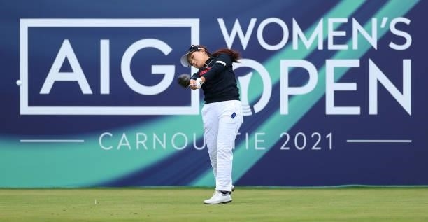 Serena Aoki of Japan tees off on the first hole during Day One of the AIG Women's Open at Carnoustie Golf Links on August 19, 2021 in Carnoustie,...