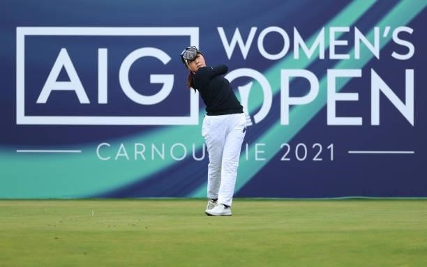 Serena Aoki of Japan tees off on the first hole during Day One of the AIG Women's Open at Carnoustie Golf Links on August 19, 2021 in Carnoustie,...