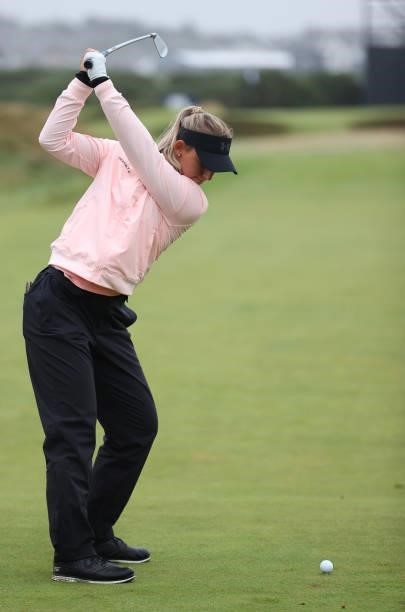 Emily Kristine Pedersen of Denmark plays a shot during Day One of the AIG Women's Open at Carnoustie Golf Links on August 19, 2021 in Carnoustie,...