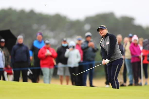 Charley Hull of England plays her second shot on the thirteenth hole during Day One of the AIG Women's Open at Carnoustie Golf Links on August 19,...