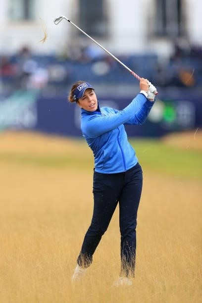 Georgia Hall of England plays a shot on the first hole during Day One of the AIG Women's Open at Carnoustie Golf Links on August 19, 2021 in...