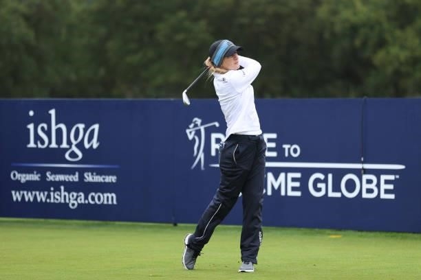 Luna Sobron Galmes of Spain tees off on the thirteenth hole during Day One of the AIG Women's Open at Carnoustie Golf Links on August 19, 2021 in...