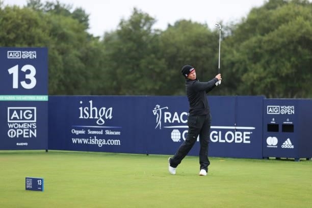 Lee-Anne Pace of South Africa tees off on the thirteenth hole during Day One of the AIG Women's Open at Carnoustie Golf Links on August 19, 2021 in...