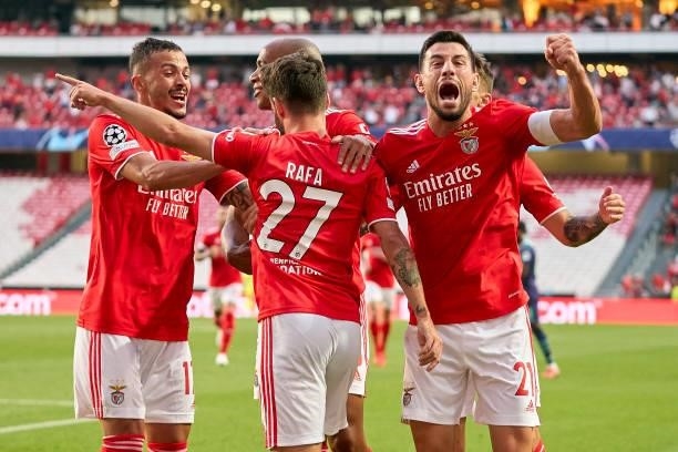 Rafa Silva of SL Benfica celebrates after scoring their side's first goal during the UEFA Champions League Play-Offs Leg One match between SL Benfica...