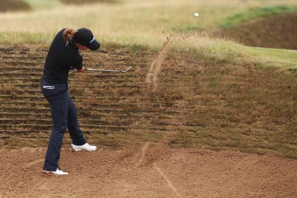 Jenny Shin of The United States plays a bunker shot for her second shot on the fourteenth hole during Day One of the AIG Women's Open at Carnoustie...