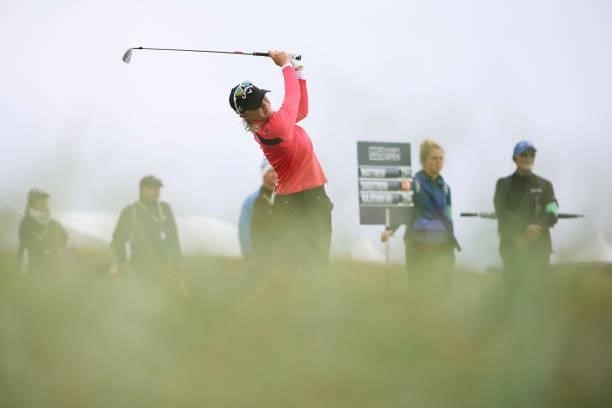 Madelene Sagstrom of Sweden tees off on the seventeenth hole during Day One of the AIG Women's Open at Carnoustie Golf Links on August 19, 2021 in...