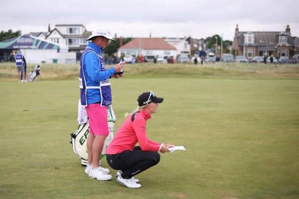 Madelene Sagstrom of Sweden prepares to play plays her second shot on the eighteenth hole during Day One of the AIG Women's Open at Carnoustie Golf...