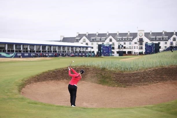Madelene Sagstrom of Sweden plays a bunker shot for her second shot on the eighteenth hole during Day One of the AIG Women's Open at Carnoustie Golf...