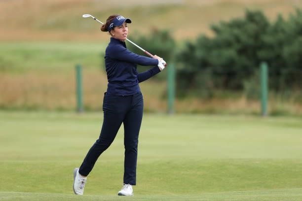 Georgia Hall of England plays her second shot on the sixth hole during Day One of the AIG Women's Open at Carnoustie Golf Links on August 19, 2021 in...