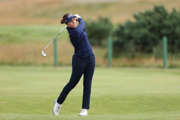 Georgia Hall of England plays her second shot on the sixth hole during Day One of the AIG Women's Open at Carnoustie Golf Links on August 19, 2021 in...