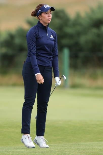 Georgia Hall of England looks on after playing her second shot on the sixth hole during Day One of the AIG Women's Open at Carnoustie Golf Links on...