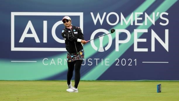 Pornanong Phatlum of Thailand on the first tee during the first round of the AIG Women's Open at Carnoustie Golf Links on August 19, 2021 in...