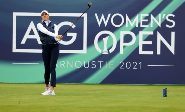 Olivia Cowan of Germany on the first tee during the first round of the AIG Women's Open at Carnoustie Golf Links on August 19, 2021 in Carnoustie,...